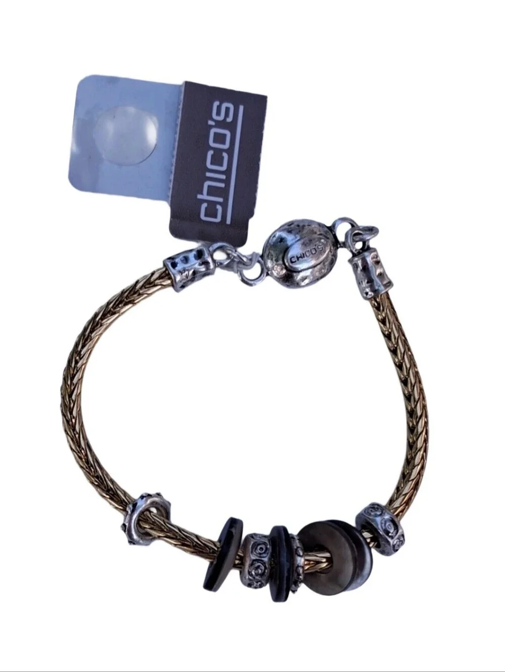 Chicos NWT Two Tone Mixed Metal Slide Charm Bracelet Magnetic Clasp